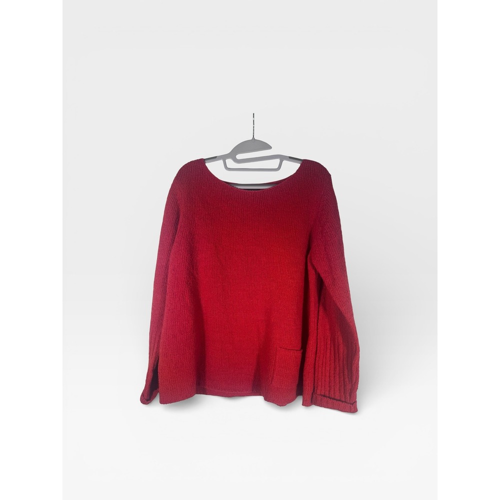 Eileen Fisher Red Textured Knit Sweater Women's Medium‎ Cozy Boat Neck Pullover